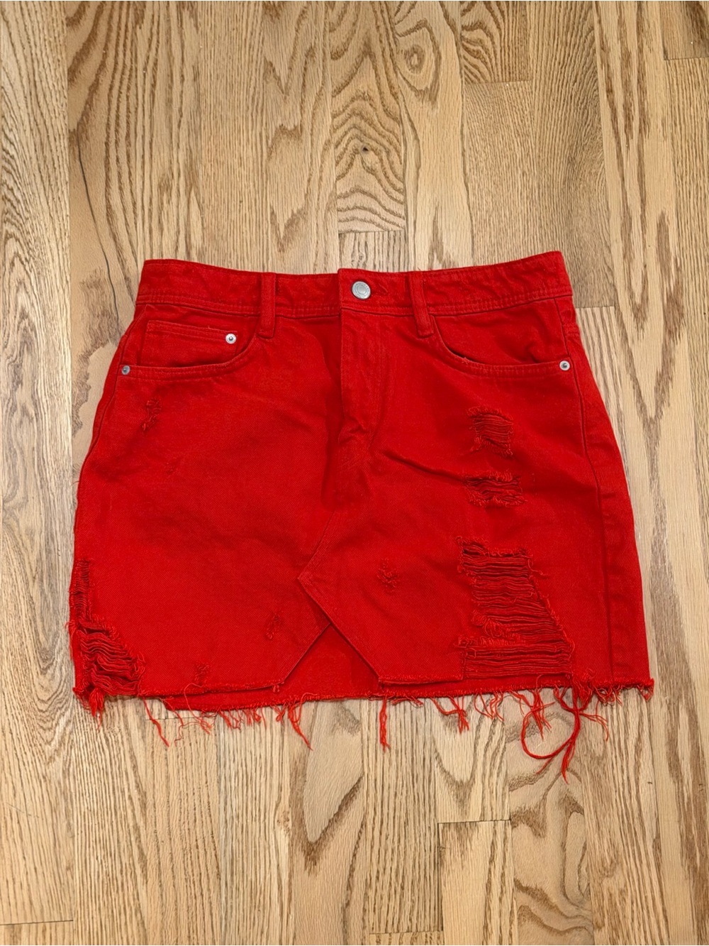 Zara Red Distressed Denim Mini Skirt